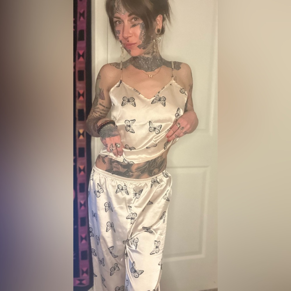 butterfly print satin pajama set